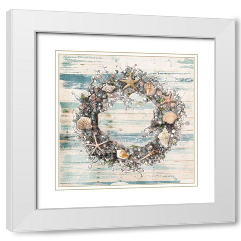 Wreath Blues Coastal White Modern Wood Framed Art Print with Double Matting by Villa, Mlli