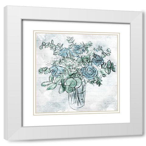 Blue Sketch Florals White Modern Wood Framed Art Print with Double Matting by Villa, Mlli