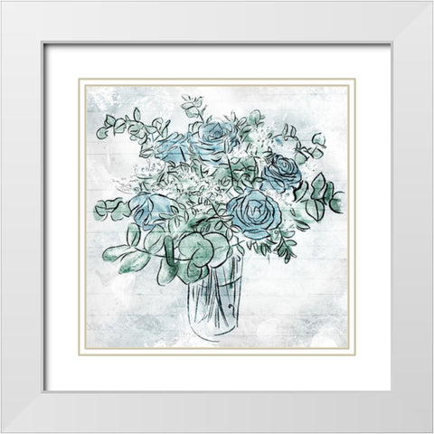 Blue Sketch Florals White Modern Wood Framed Art Print with Double Matting by Villa, Mlli