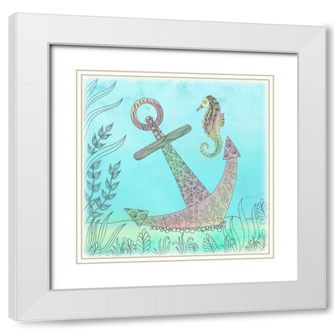 Anchored Seahorse White Modern Wood Framed Art Print with Double Matting by Varacek, Pam