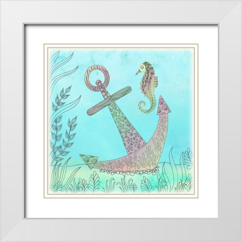 Anchored Seahorse White Modern Wood Framed Art Print with Double Matting by Varacek, Pam