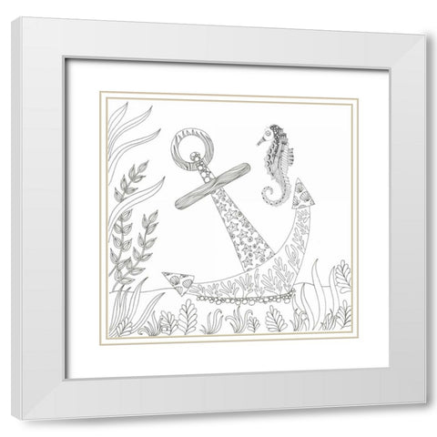 Anchored Seahorse White Modern Wood Framed Art Print with Double Matting by Varacek, Pam