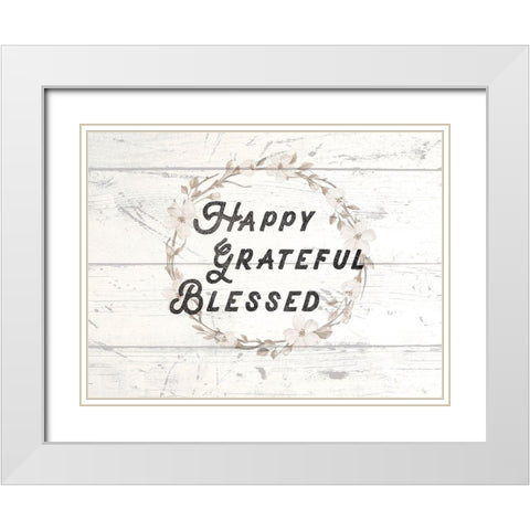 Happy Grateful Blessed White Modern Wood Framed Art Print with Double Matting by Lula Bijoux and Company