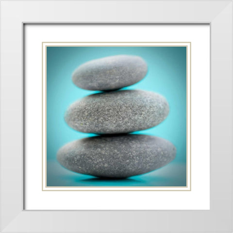 Stacking Stones 1 Teal White Modern Wood Framed Art Print with Double Matting by De Carvalho, Sandro