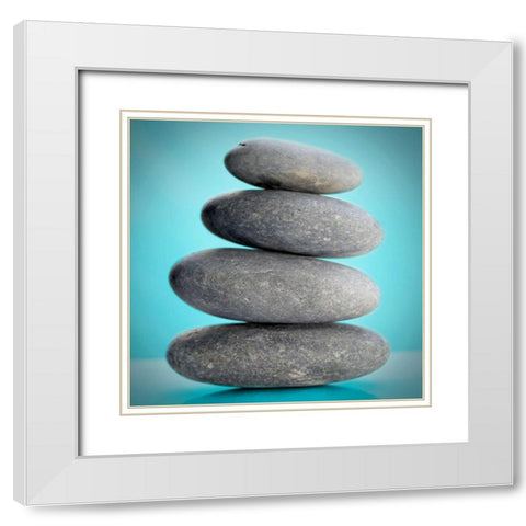 Stacking Stones 2 Teal White Modern Wood Framed Art Print with Double Matting by De Carvalho, Sandro