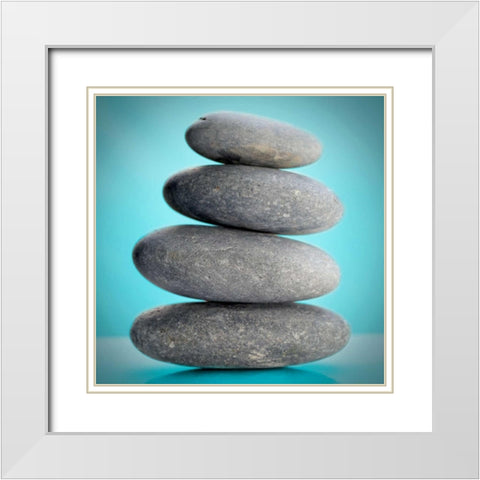 Stacking Stones 2 Teal White Modern Wood Framed Art Print with Double Matting by De Carvalho, Sandro