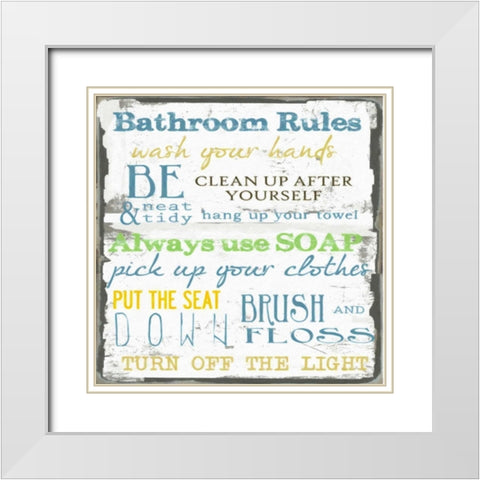 BATHROOM RULES White Modern Wood Framed Art Print with Double Matting by Greene, Taylor
