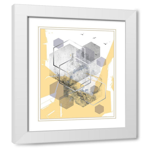 Yellow Grey Abstract Hexagons 1 White Modern Wood Framed Art Print with Double Matting by Urban Epiphany