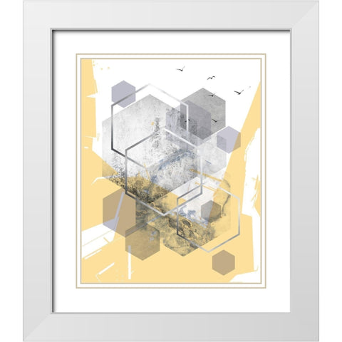 Yellow Grey Abstract Hexagons 1 White Modern Wood Framed Art Print with Double Matting by Urban Epiphany