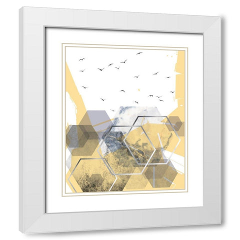 Yellow Grey Abstract Hexagons 2 White Modern Wood Framed Art Print with Double Matting by Urban Epiphany