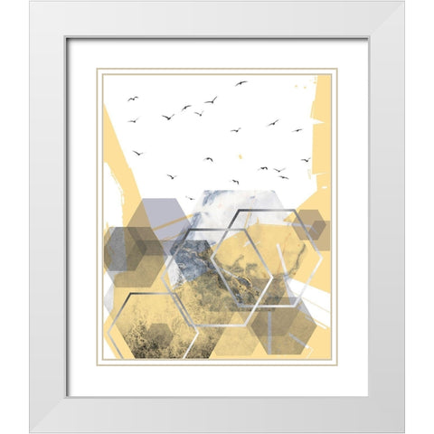 Yellow Grey Abstract Hexagons 2 White Modern Wood Framed Art Print with Double Matting by Urban Epiphany