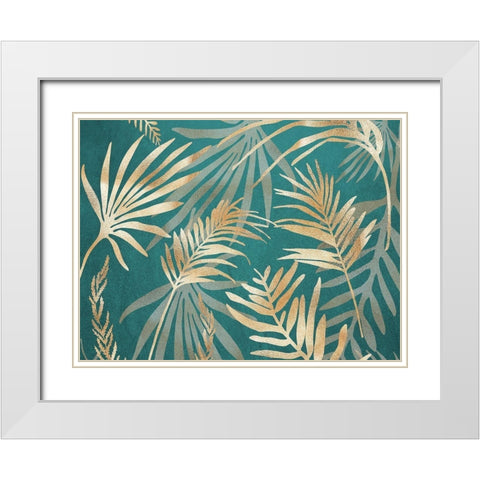 Glam Leaves Teal 1 White Modern Wood Framed Art Print with Double Matting by Urban Epiphany