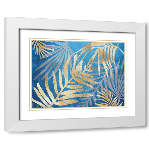 Glam Leaves Blue White Modern Wood Framed Art Print with Double Matting by Urban Epiphany