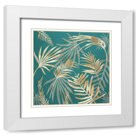 Glam Leaves Teal 3 White Modern Wood Framed Art Print with Double Matting by Urban Epiphany
