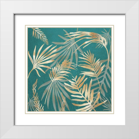 Glam Leaves Teal 3 White Modern Wood Framed Art Print with Double Matting by Urban Epiphany