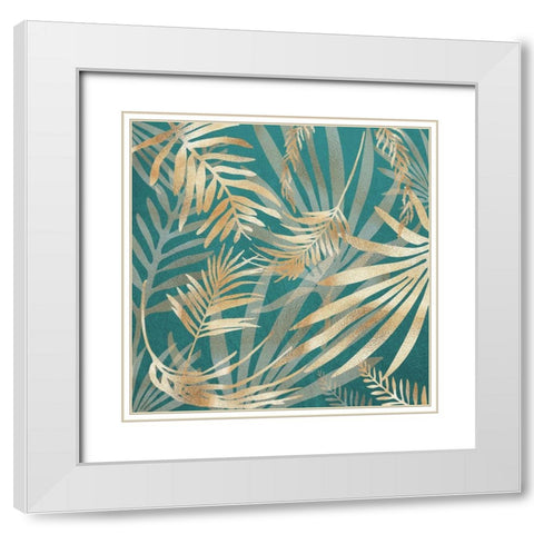 Glam Leaves Teal 4 White Modern Wood Framed Art Print with Double Matting by Urban Epiphany