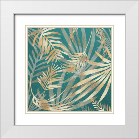 Glam Leaves Teal 4 White Modern Wood Framed Art Print with Double Matting by Urban Epiphany