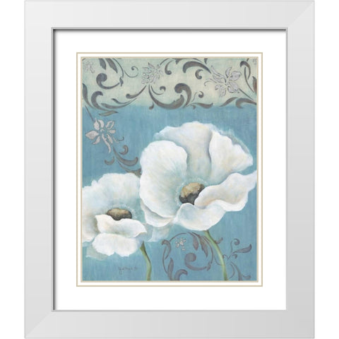 Poppies on Blue I White Modern Wood Framed Art Print with Double Matting by Tava Studios