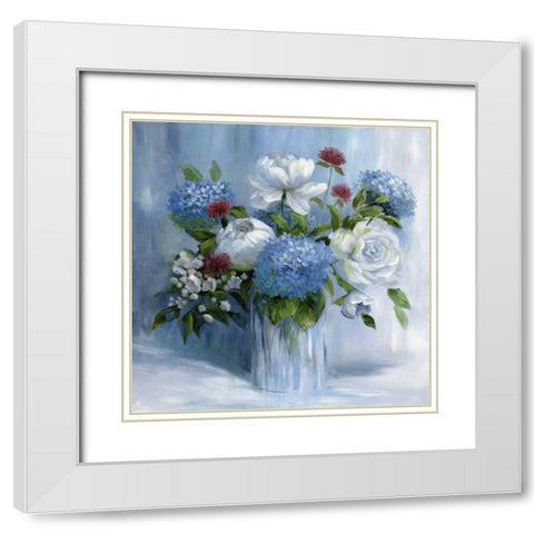 Blue Arrangement White Modern Wood Framed Art Print with Double Matting by Nan