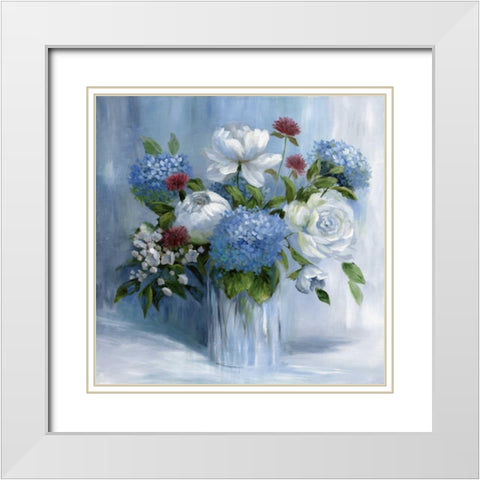 Blue Arrangement White Modern Wood Framed Art Print with Double Matting by Nan
