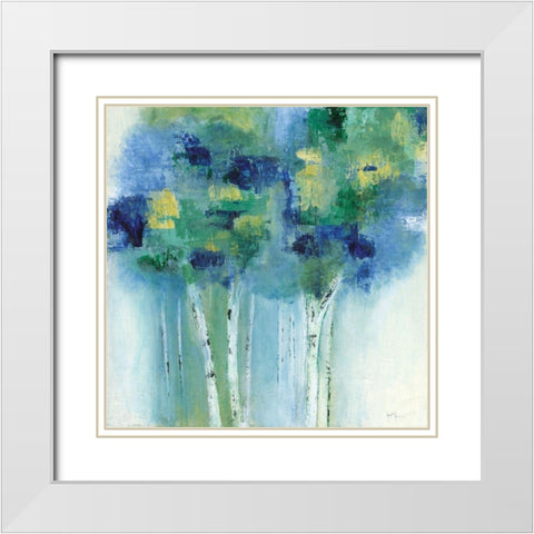 Birch In Blues White Modern Wood Framed Art Print with Double Matting by Tava Studios