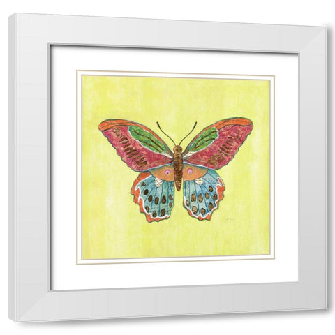 Butterfly on Green White Modern Wood Framed Art Print with Double Matting by Tava Studios