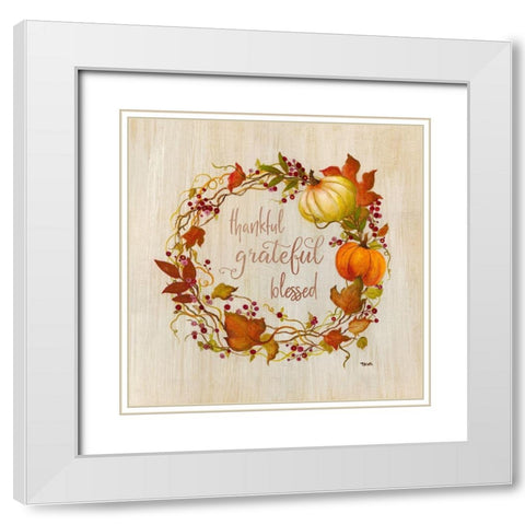 Pumpkin in Fall Wreath White Modern Wood Framed Art Print with Double Matting by Tava Studios