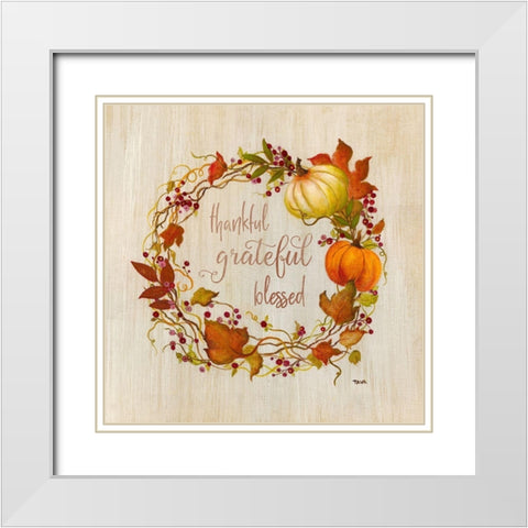 Pumpkin in Fall Wreath White Modern Wood Framed Art Print with Double Matting by Tava Studios