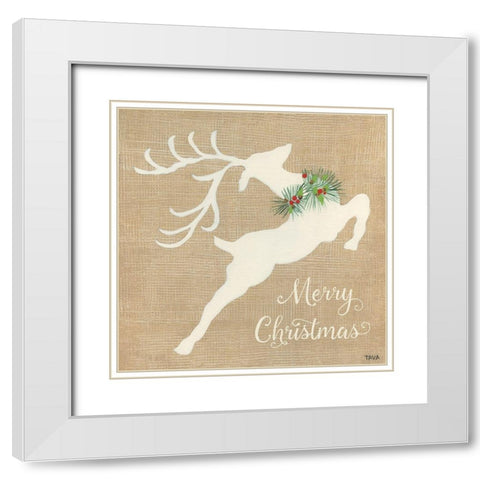 Merry Christmas Reindeer White Modern Wood Framed Art Print with Double Matting by Tava Studios