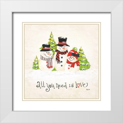 All You Need is Love Snowman White Modern Wood Framed Art Print with Double Matting by Tava Studios
