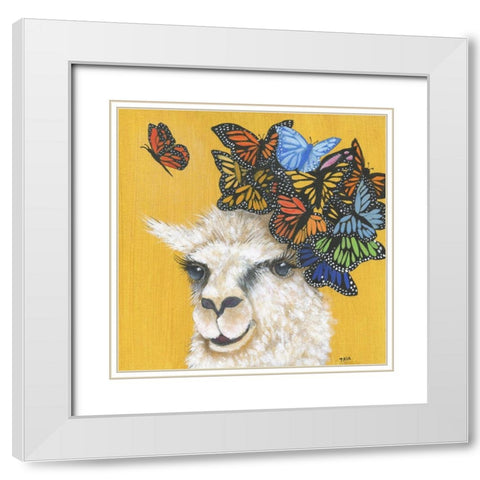 Llama and Butterflies White Modern Wood Framed Art Print with Double Matting by Tava Studios