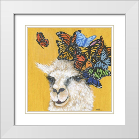 Llama and Butterflies White Modern Wood Framed Art Print with Double Matting by Tava Studios