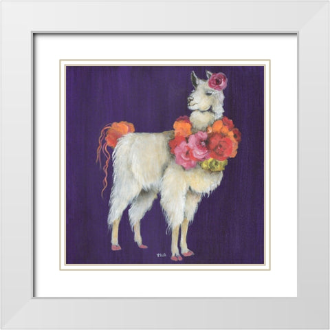 Llama Flowers White Modern Wood Framed Art Print with Double Matting by Tava Studios