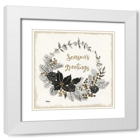 Seasons Greetings White Modern Wood Framed Art Print with Double Matting by Tava Studios