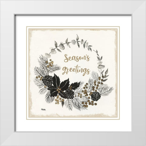 Seasons Greetings White Modern Wood Framed Art Print with Double Matting by Tava Studios