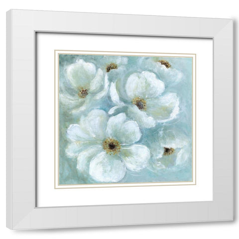 Soft Blue Blossoms White Modern Wood Framed Art Print with Double Matting by Tava Studios
