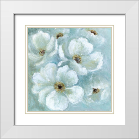 Soft Blue Blossoms White Modern Wood Framed Art Print with Double Matting by Tava Studios