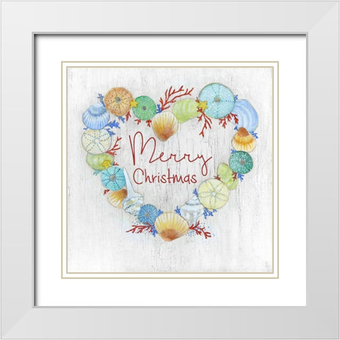 Merry Christmas Shell Wreath White Modern Wood Framed Art Print with Double Matting by Tava Studios