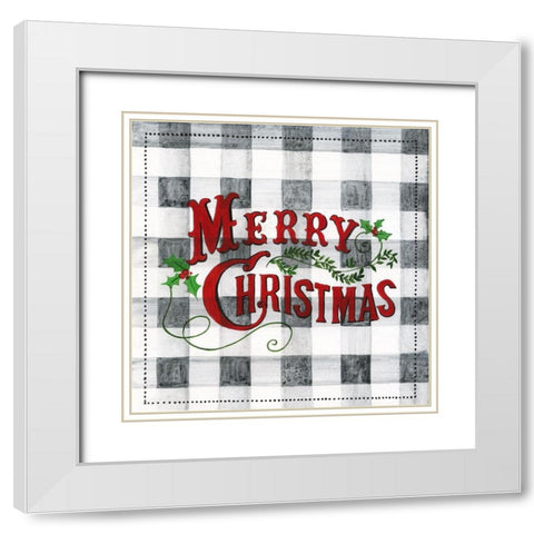 Merry Christmas Buffalo Check White Modern Wood Framed Art Print with Double Matting by Tava Studios