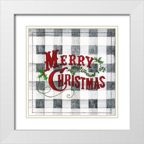 Merry Christmas Buffalo Check White Modern Wood Framed Art Print with Double Matting by Tava Studios