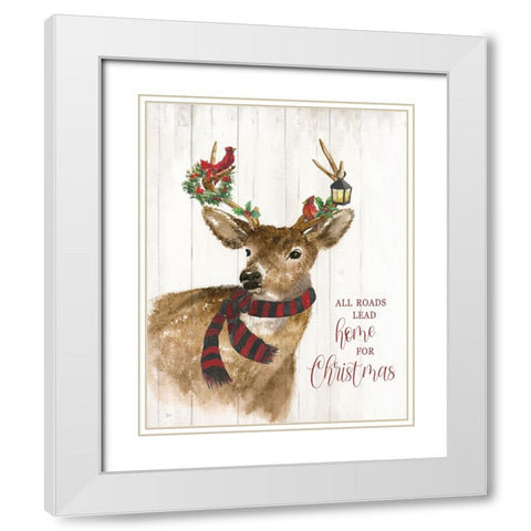 All Roads Lead Home Deer White Modern Wood Framed Art Print with Double Matting by Nan
