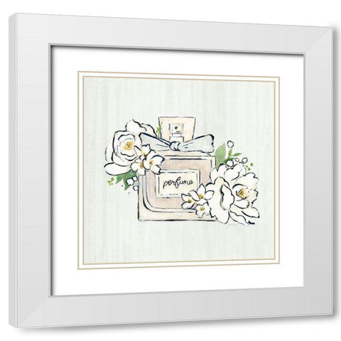 Fashion Floral Perfume White Modern Wood Framed Art Print with Double Matting by Tava Studios
