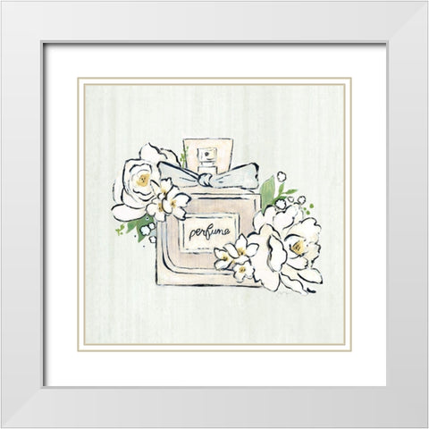 Fashion Floral Perfume White Modern Wood Framed Art Print with Double Matting by Tava Studios