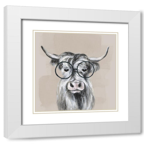 Neutral Cow Glasses White Modern Wood Framed Art Print with Double Matting by Tava Studios