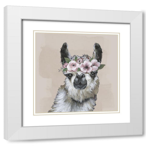 Neutral Llama Flowers White Modern Wood Framed Art Print with Double Matting by Tava Studios