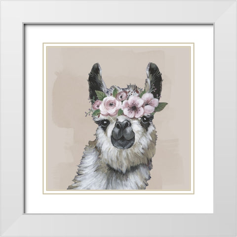Neutral Llama Flowers White Modern Wood Framed Art Print with Double Matting by Tava Studios