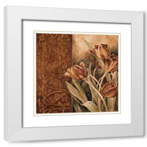 Copper Tulips I White Modern Wood Framed Art Print with Double Matting by Thompson, Linda