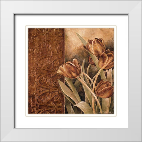 Copper Tulips I White Modern Wood Framed Art Print with Double Matting by Thompson, Linda
