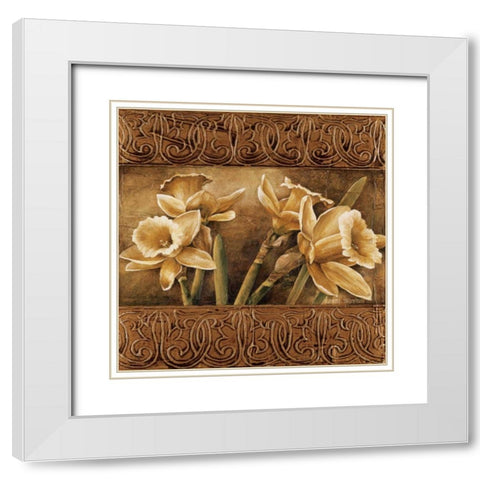 Golden Daffodils I White Modern Wood Framed Art Print with Double Matting by Thompson, Linda