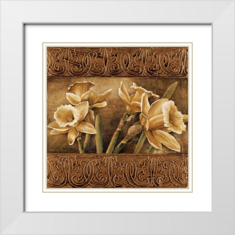 Golden Daffodils I White Modern Wood Framed Art Print with Double Matting by Thompson, Linda